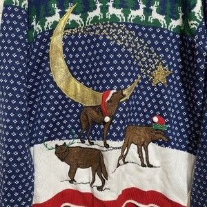 Ugly Christmas Sweater Wolves Wolf Pack Howling Moon Shooting Star Men Unisex XL